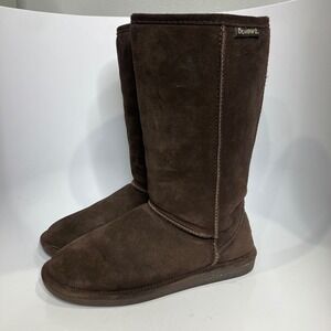Bearpaw Emma short chocolate brown shearling boots pull on women's size 9 boho